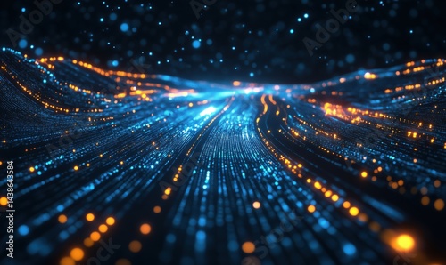Abstract digital landscape with glowing blue and orange particles flowing in waves