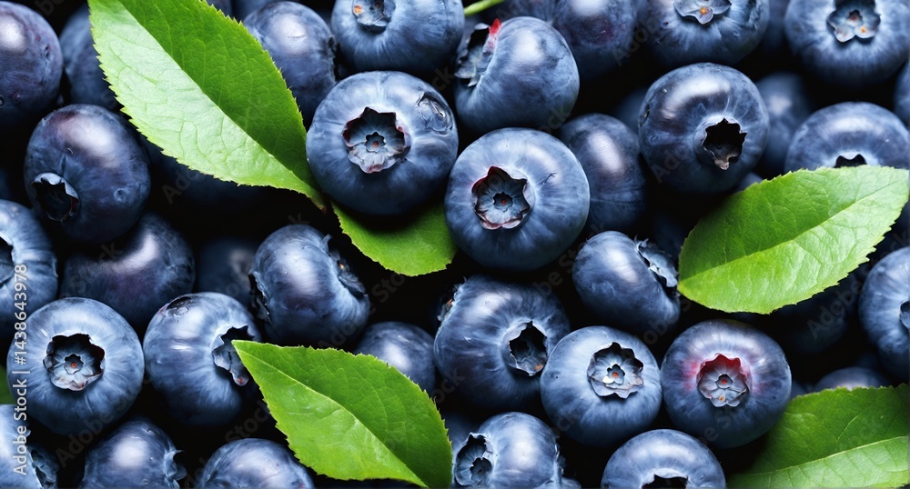 Fresh blueberry with green leaves. Food background.
