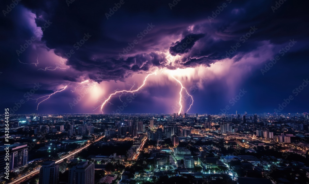 Obraz premium Dramatic lightning storm over city skyline at night with vibrant purple clouds