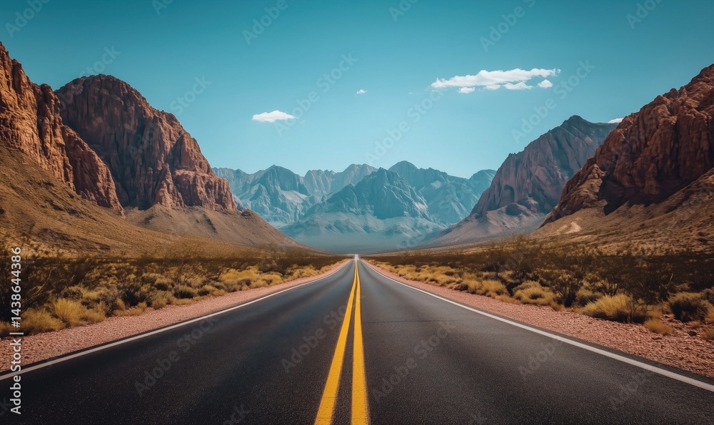 Fototapeta premium Scenic desert highway surrounded by majestic mountains and clear blue sky