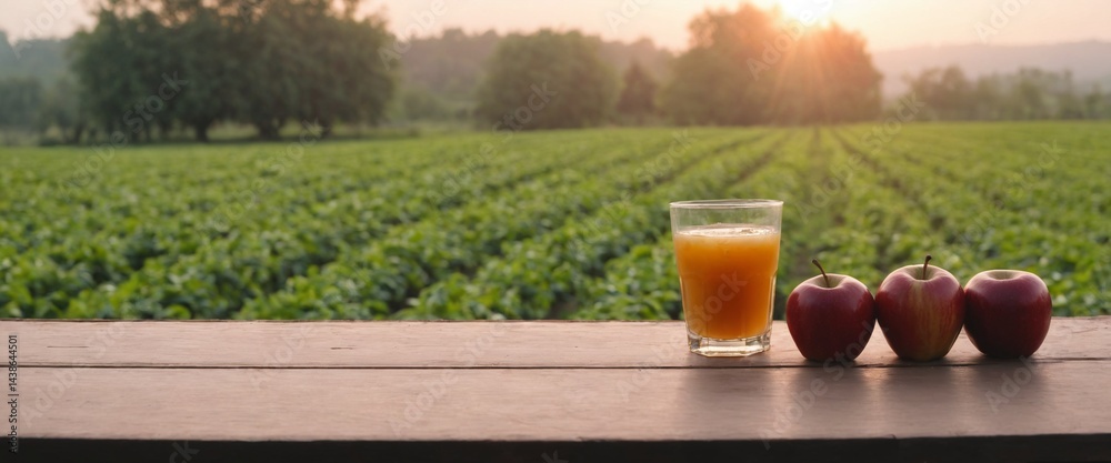 Fresh apples and apple juice on table, orchard background. Harvest