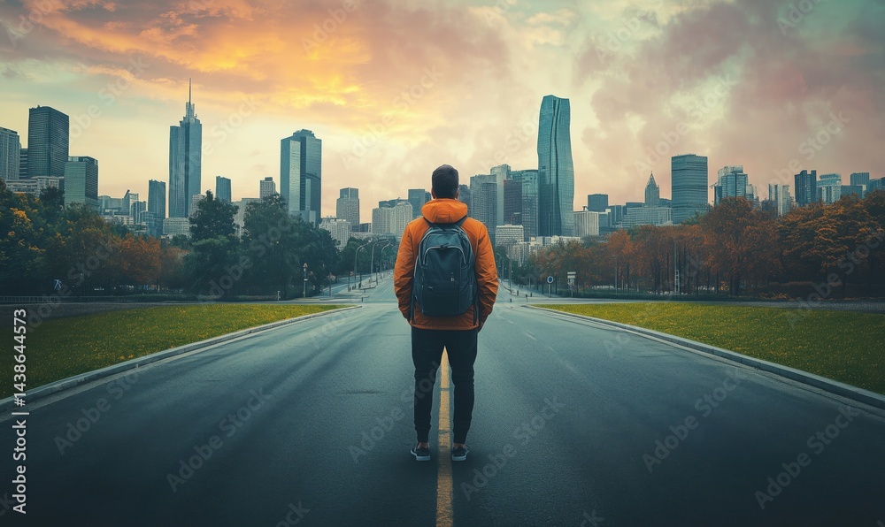 Person standing on empty road facing city skyline at sunset with vibrant colors Person standing on empty road facing city skyline at sunset with vibrant colors