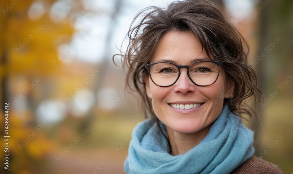 Smiling woman with glasses and scarf in autumn park setting