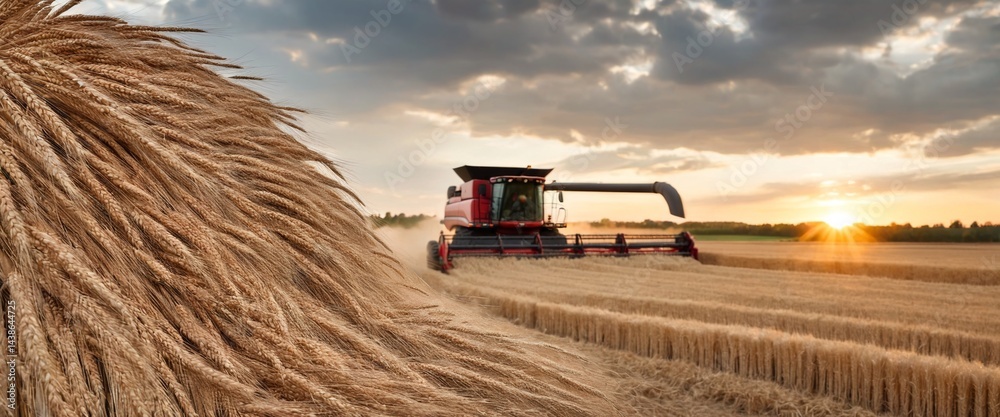Combine harvester harvests wheat in field.