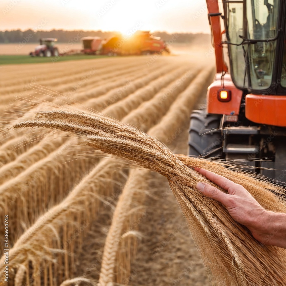 Farmer hands with wheat and combine harvester harvests wheat in field. Agriculture. Generative AI