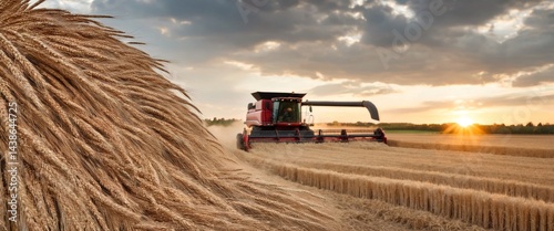 Obraz na płótnie Combine harvester harvests wheat in field. w salonie