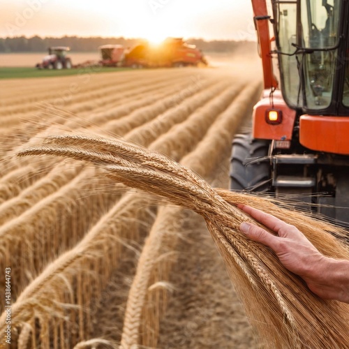 Obraz na płótnie Farmer hands with wheat and combine harvester harvests wheat in field. Agriculture. Generative AI w salonie