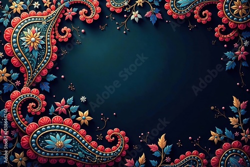 Intricate paisley-inspired design, rich jewel tones on dark background, sophisticated, classic, texture