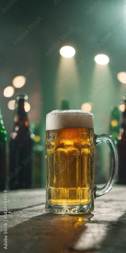 Cold beer in glass on counter desk pub., a lots of bottles in the background. Generated AI