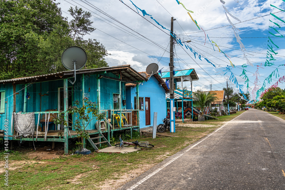 Colorful natural-framed houses with balconies at Pesqueiro, Soure in Marajo Island, Brazil.