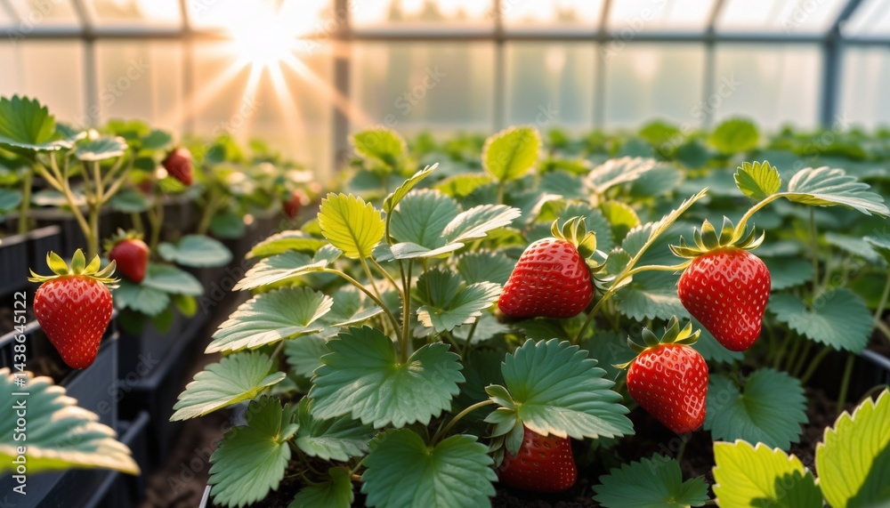 strawberry plants in greenhouse with sunlight filtering through leaves