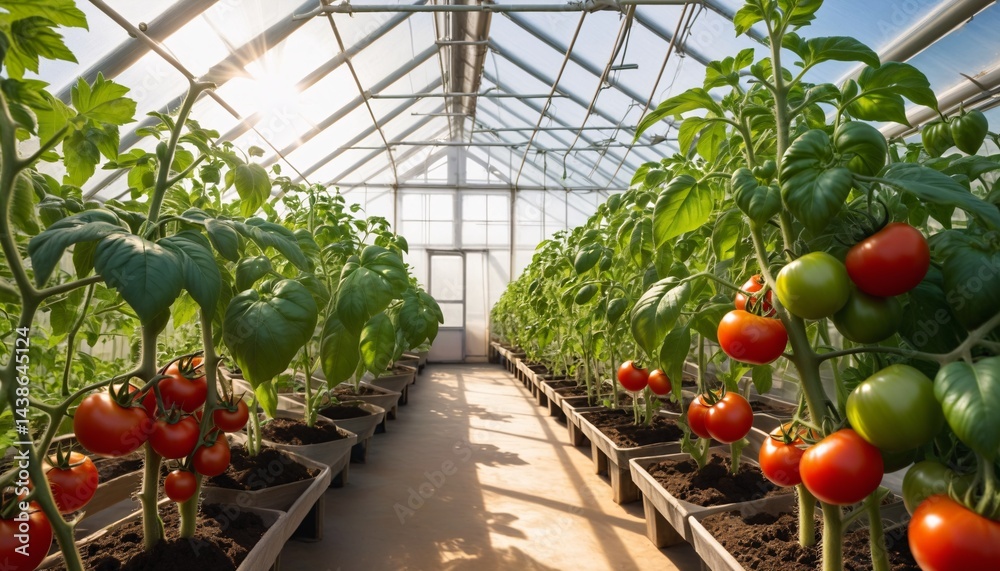Tomato plants in greenhouse with sunlight filtering through leaves