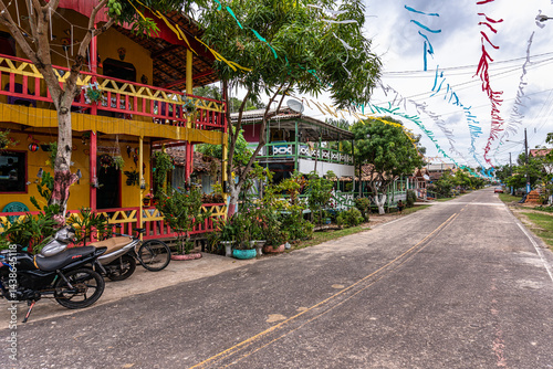 Colorful natural-framed houses with balconies at Pesqueiro, Soure in Marajo Island, Brazil.
