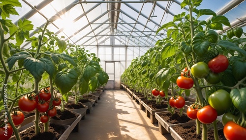 Obraz na płótnie Tomato plants in greenhouse with sunlight filtering through leaves w salonie