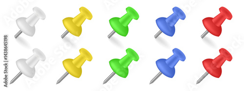 Set of multicolored push pins. White, yellow, blue, green and red colors. Paper holder