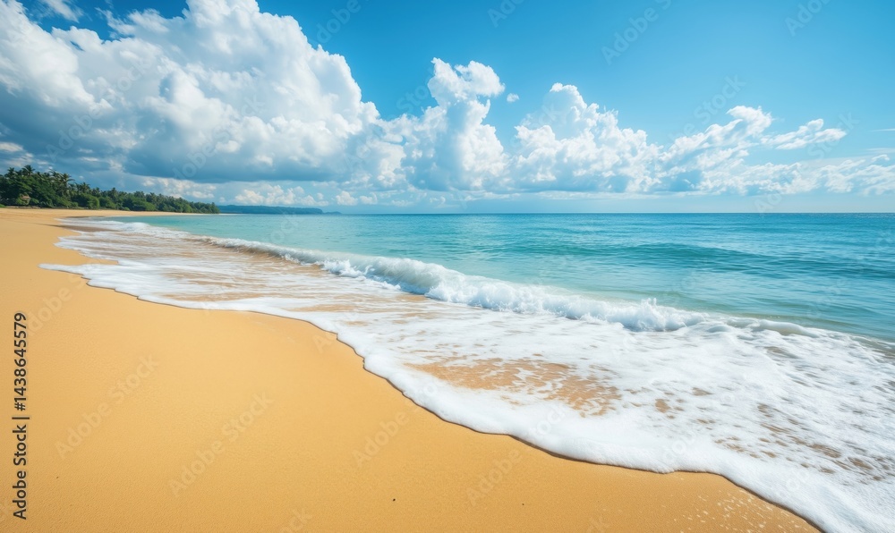Fototapeta premium Serene beach landscape with golden sand and gentle waves under a blue sky