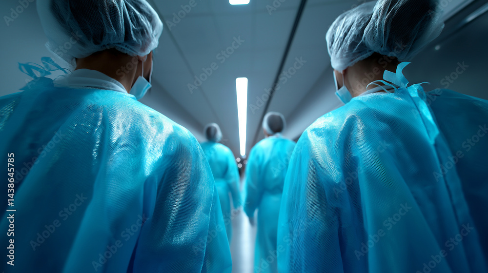 Medizinisches Personal in blauen Schutzanzügen von hinten fotografiert im beleuchteten Krankenhausflur