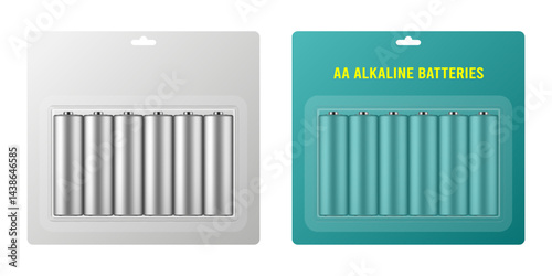 AA alkaline batteries in a package with transparent window and hanging hole. Realistic mockup