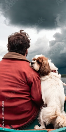 Rear view of man and his dog looking at lake sea water. Generative AI