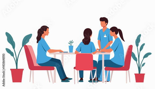 Nurse team collaborating in briefing session, teamwork in healthcare