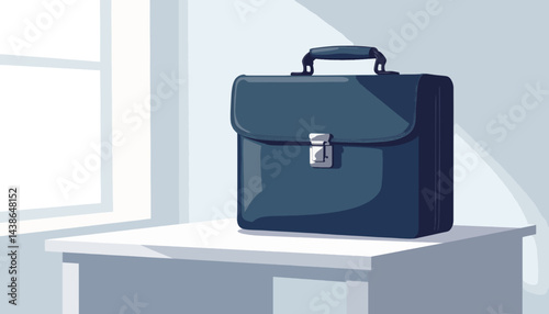 Sleek dark blue briefcase on minimalist desk with natural light, professionalism