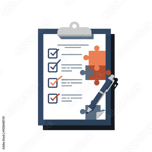 Checklist with Puzzles and Pen in Modern Vector Style  