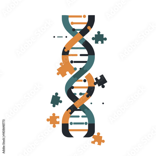 DNA Helix with Puzzle Pieces in Modern Flat Style  
