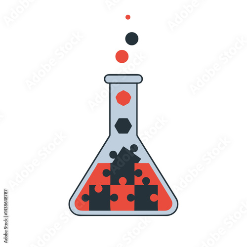 Puzzle pieces in a lab flask with bubbles and shapes  