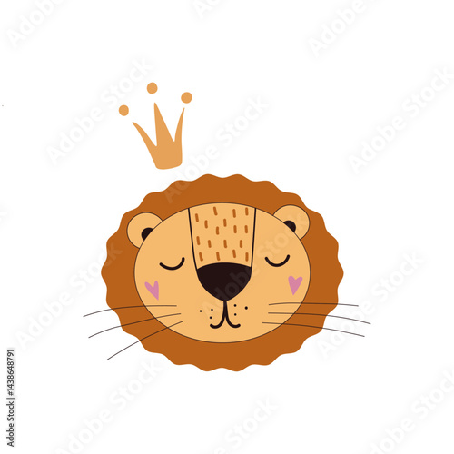 Cute hand drawn lion head with a crown in flat cartoon stylisation. Colorful illustration for kids. Element for children's textile, banner, poster and pattern