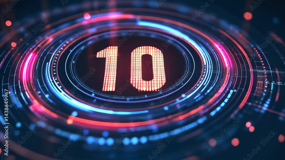 Countdown from ten to zero displayed on a futuristic interface with glowing data elements, countdown from ten to zero over interface data processing and recording on background
