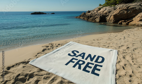 Floating beach towel VIP 2025 - Fiber-optic SAND FREE text - Minimalist luxury tech - AI-generated stock photo / Limited edition / Copy space / Mockup ready