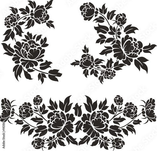 Floral vector ornaments luxury set with various types of roses, leaves and swirls, made in traditional Japanese and Chinese styles. Exquisite wedding decoration designs, vinyl and laser ready.	