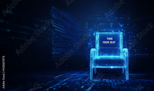 Futuristic blue glowing wedding chair decor on abstract tech background , vip package, trending 2025, digital elegance with copy space,