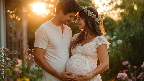 Happy couple expecting baby looking into each eyes