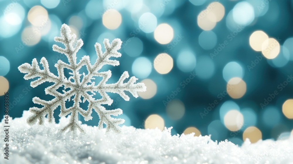 Sparkling snowflake on snow, bokeh lights background; winter holiday greeting card Sparkling snowflake on snow, bokeh lights background; winter holiday greeting card