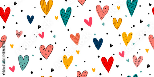 Seamless pattern of colorful hand-drawn hearts on a white background. The hearts are in various sizes and shapes, with different patterns and textures. Some hearts are filled with solid colors.