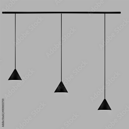 Three black conical pendant lights hang at different heights on a horizontal rod against a gray background. The lights have a minimalist design. EPS10 vector illustration.
