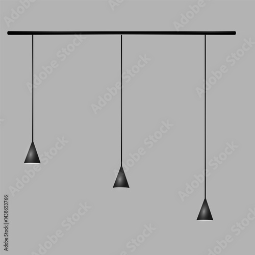Three black conical pendant lights hang at different heights on a horizontal rod on a gray background. The lamps have a minimalist design. Vector illustration EPS10.