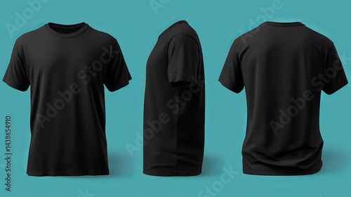 Plain black tee mockup Front back and side views for clothing design display