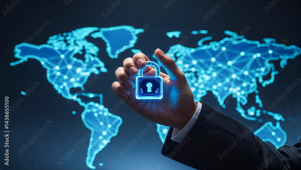 hand in suit holding glowing digital lock, secure network concept on dark background