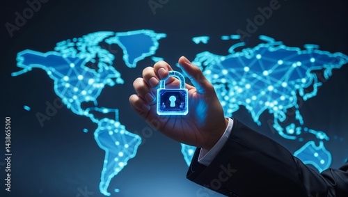 Obraz na płótnie hand in suit holding glowing digital lock, secure network concept on dark background w salonie