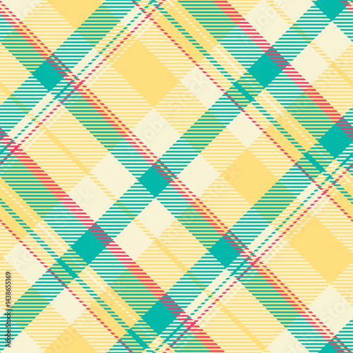 Vibrant diagonal plaid pattern in sunny yellow, teal, and green.  Perfect for textiles, fashion, website backgrounds, or stationery design.  A cheerful, summery design conveying energy and optimism.
