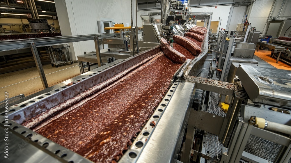 Automated production line processing meat products in a modern factory setting Automated production line processing meat products in a modern factory setting