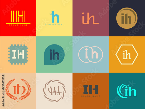 IH logo company template. Letter i and h logotype. Set different classic serif lettering and modern bold text with design elements. Initial font typography.