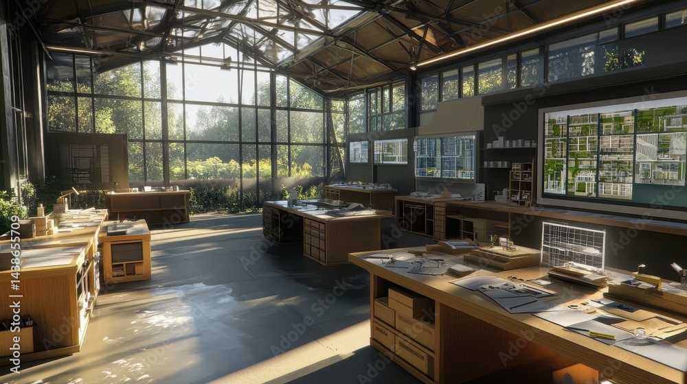 Sunlit Modern Architectural Design Studio Workspace with Large Windows Sunlit Modern Architectural Design Studio Workspace with Large Windows