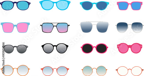 Set of various sunglasses, accessories, sunglasses, glasses in plastic frames, modern glasses, vector illustration.