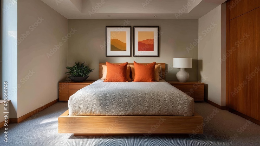 Fototapeta premium Modern and minimalist bedroom with a large wooden bed in the center. the bed has a wooden headboard and footboard, and is covered with a white comforter and orange throw pillows.