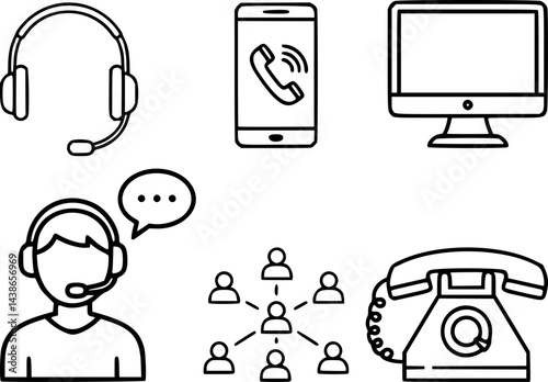 a black and white vector logo silhouette of a set of telemarketing icons