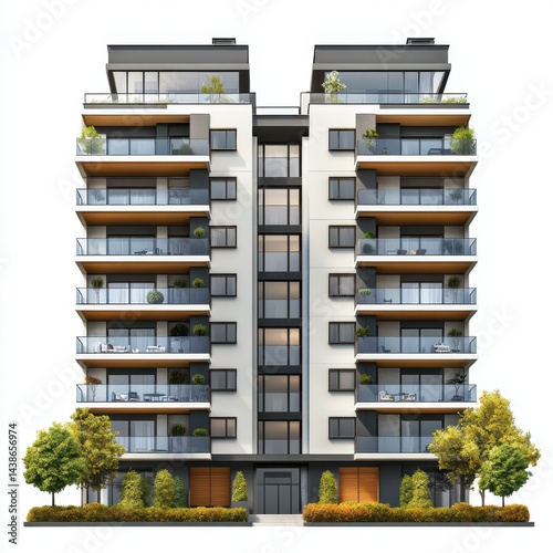 Modern apartment building facade, featuring multiple floors, balconies, and landscaping