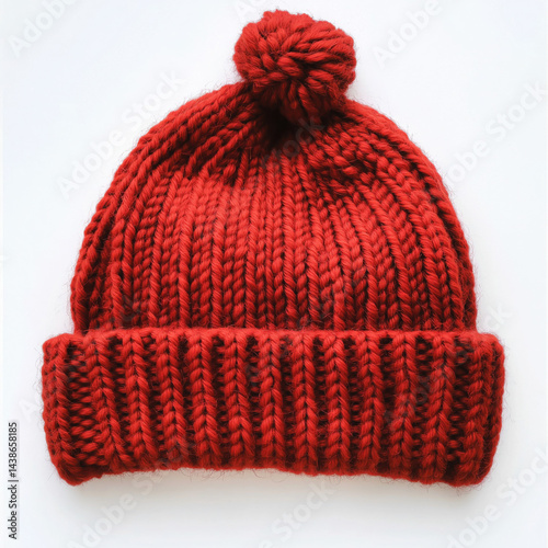Red knitted beanie hat winter fashion accessory isolated on white background